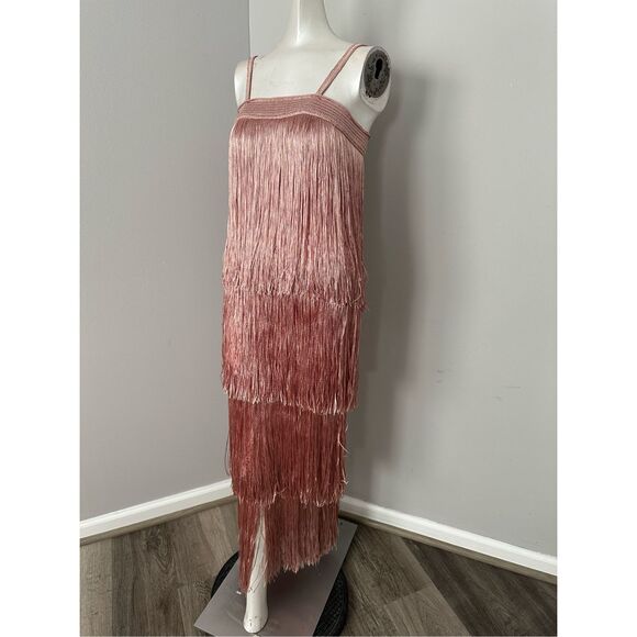 NWT My Beachy Side x Emily In Paris Angelica Fringed Tiered Maxi Dress Pink XS - Picture 6 of 12